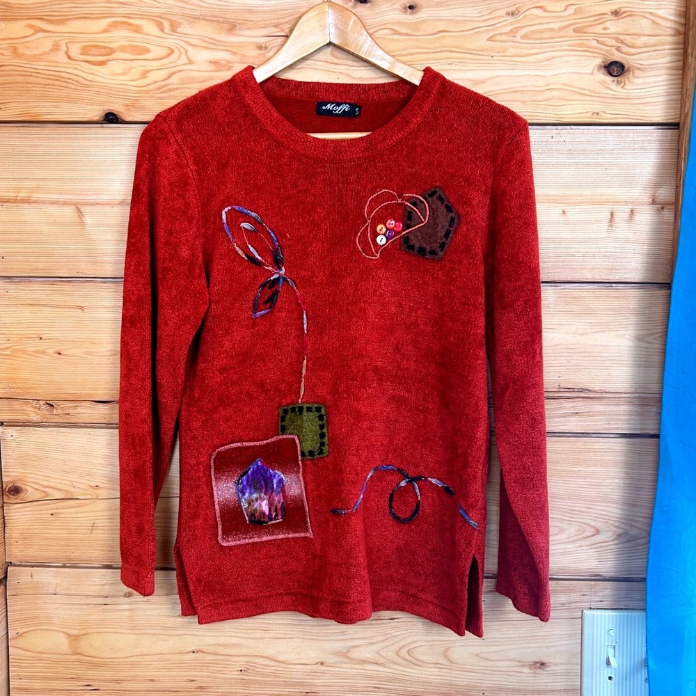 Moffi Vintage Burnt Orange‎ Chenille Knit Artsy Patchwork Sweater Small Button